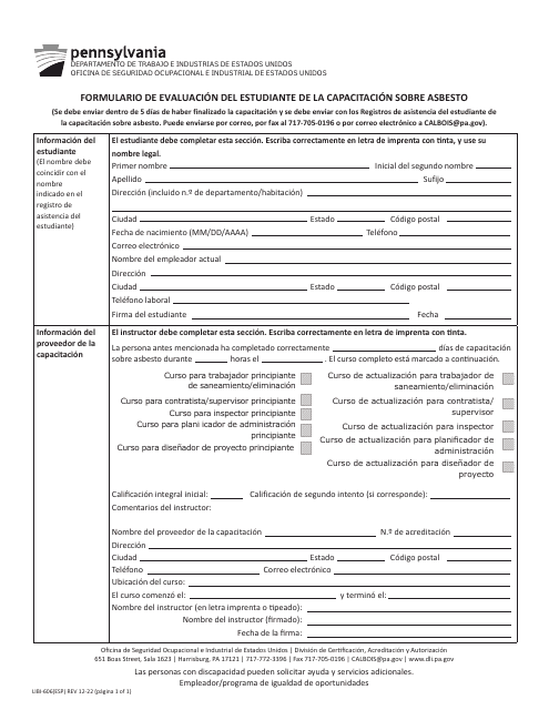Formulario LIBI-606(ESP) Formulario De Evaluacion Del Estudiante De La Capacitacion Sobre Asbesto - Pennsylvania (Spanish)