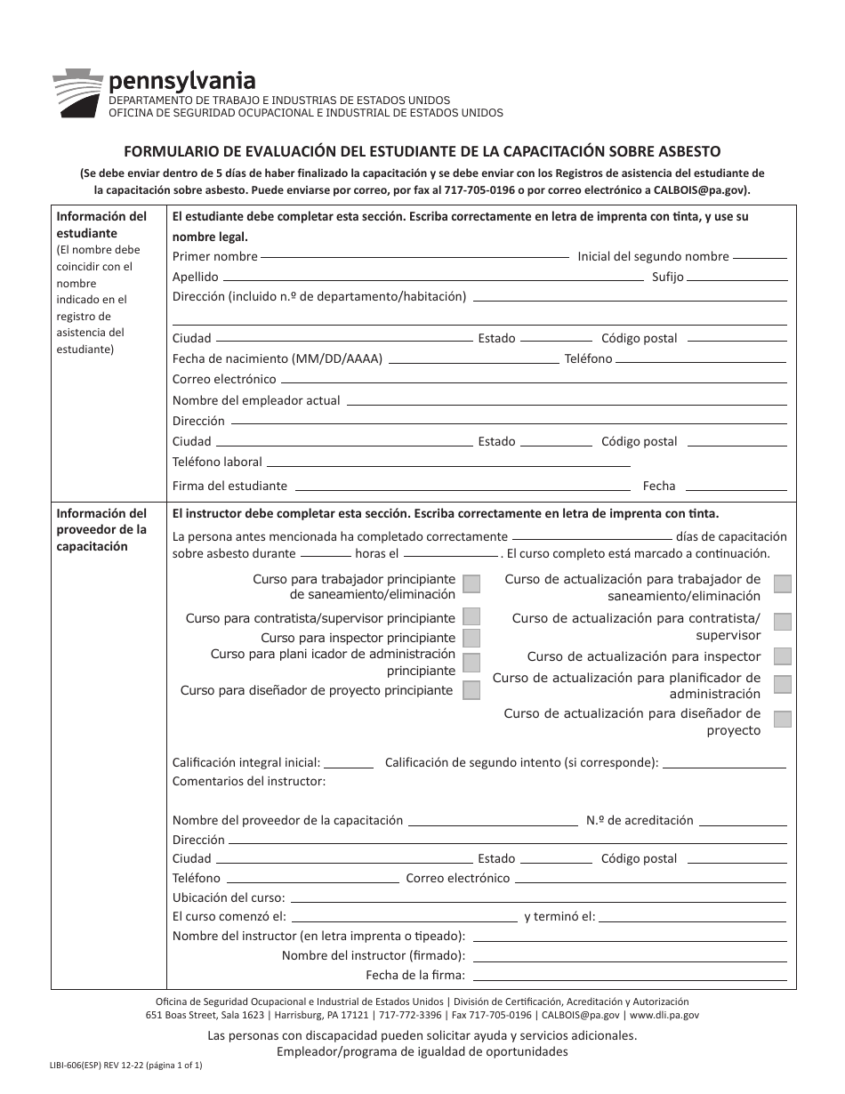 Formulario LIBI-606(ESP) Formulario De Evaluacion Del Estudiante De La Capacitacion Sobre Asbesto - Pennsylvania (Spanish), Page 1