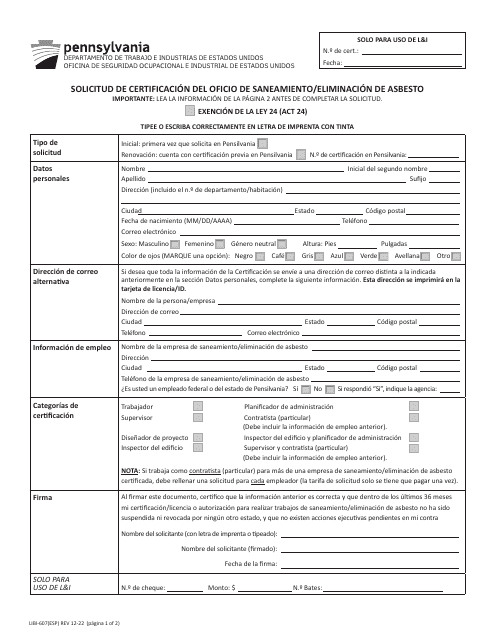 Formulario LIBI-607(ESP) Solicitud De Certificacion Del Oficio De Saneamiento/Eliminacion De Asbesto - Pennsylvania (Spanish)