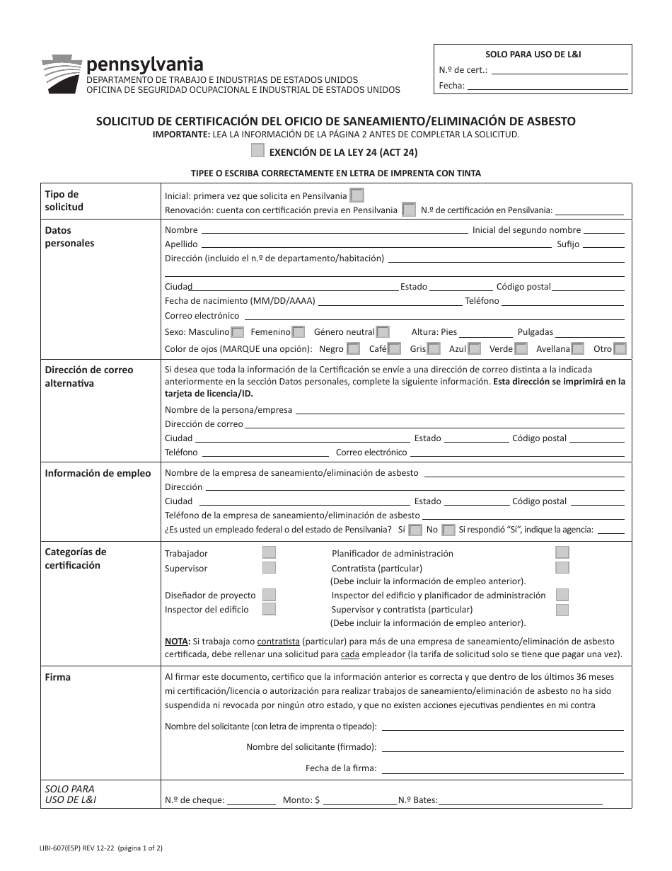 Formulario LIBI-607(ESP) Solicitud De Certificacion Del Oficio De Saneamiento / Eliminacion De Asbesto - Pennsylvania (Spanish), Page 1