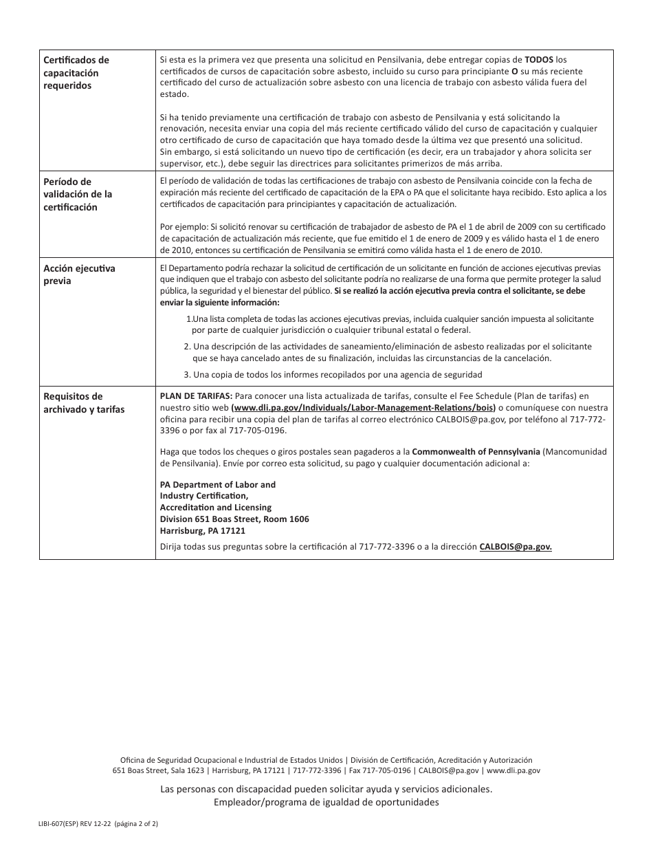 Formulario LIBI-607(ESP) Solicitud De Certificacion Del Oficio De Saneamiento / Eliminacion De Asbesto - Pennsylvania (Spanish), Page 2
