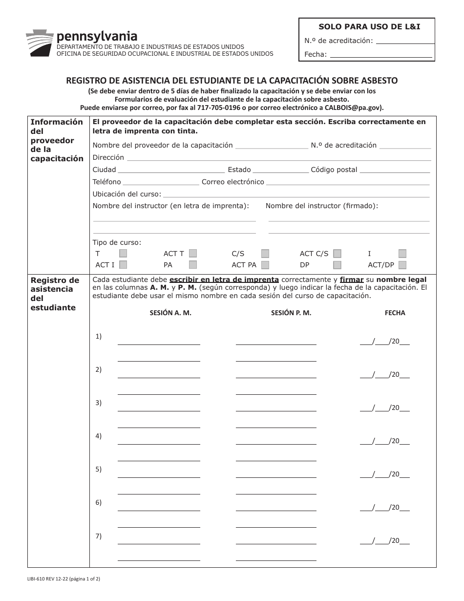 Formulario LIBI-610(ESP) Registro De Asistencia Del Estudiante De La Capacitacion Sobre Asbesto - Pennsylvania (Spanish), Page 1