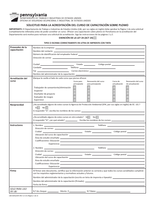 Formulario LIBI-603L(ESP) Solicitud Para La Acreditacion Del Curso De Capacitacion Sobre Plomo - Pennsylvania (Spanish)