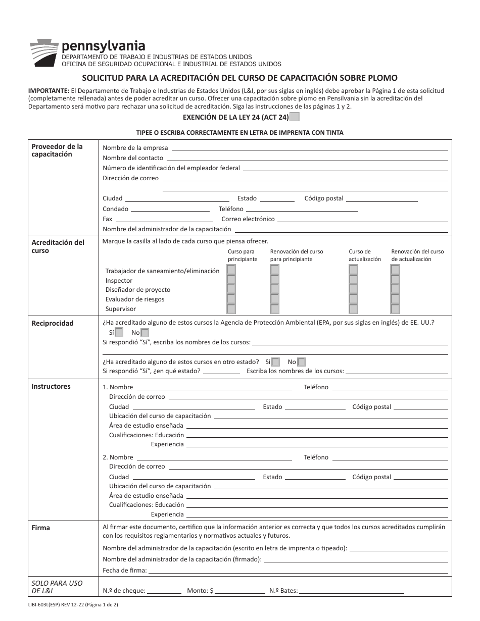 Formulario LIBI-603L(ESP) Solicitud Para La Acreditacion Del Curso De Capacitacion Sobre Plomo - Pennsylvania (Spanish), Page 1