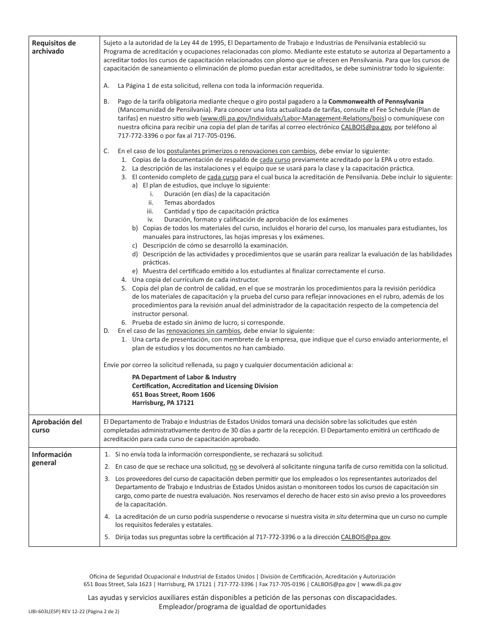 Formulario LIBI-603L(ESP) Solicitud Para La Acreditacion Del Curso De Capacitacion Sobre Plomo - Pennsylvania (Spanish), Page 2