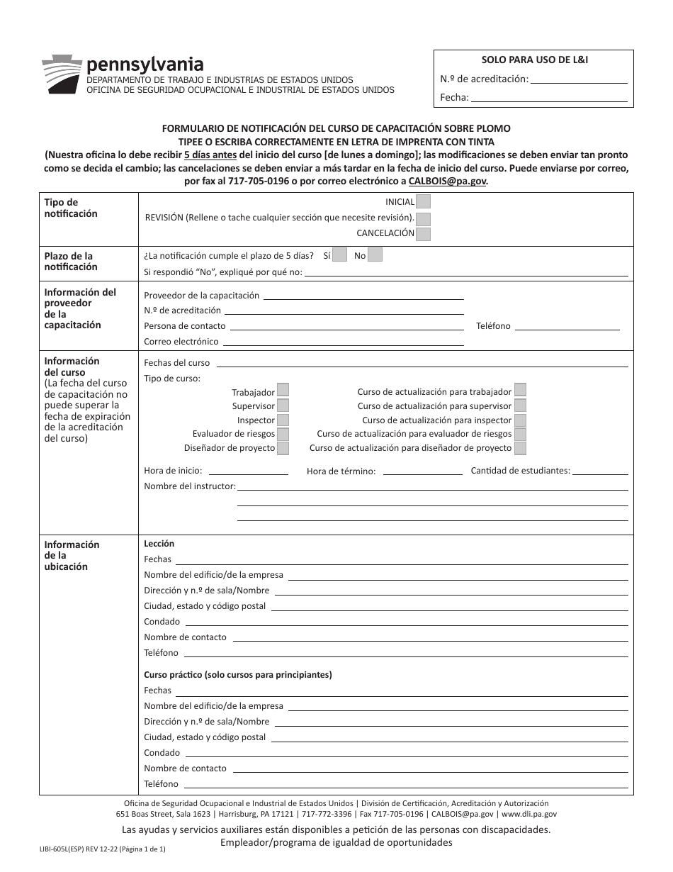 Formulario LIBI-605L(ESP) Formulario De Notificacion Del Curso De Capacitacion Sobre Plomo - Pennsylvania (Spanish), Page 1