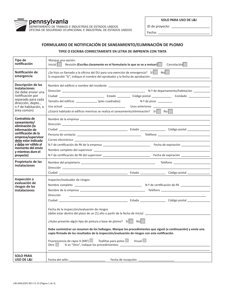 Formulario LIBI-600L(ESP) Formulario De Notificacion De Saneamiento / Eliminacion De Plomo - Pennsylvania (Spanish), Page 1