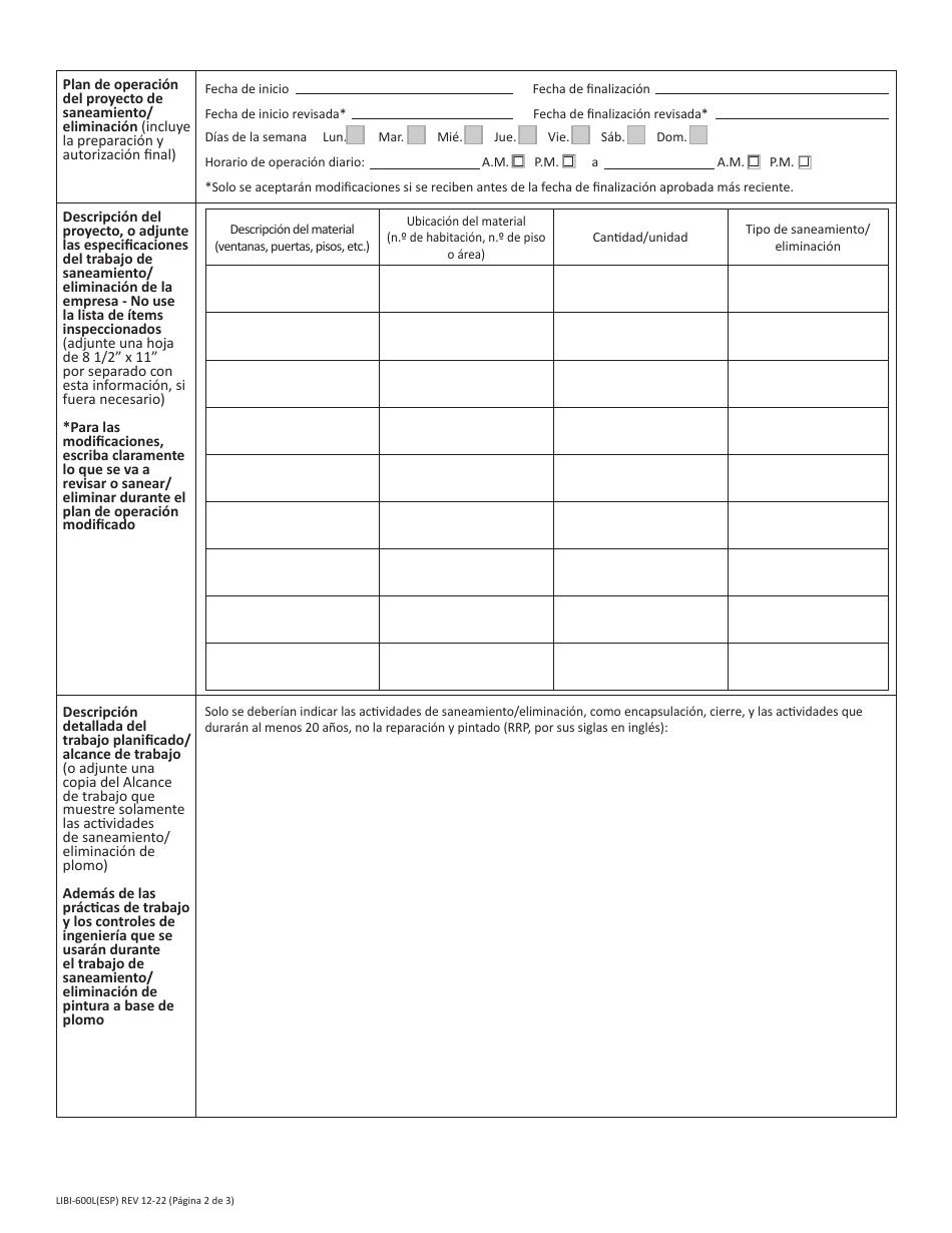 Formulario LIBI-600L(ESP) Formulario De Notificacion De Saneamiento / Eliminacion De Plomo - Pennsylvania (Spanish), Page 2