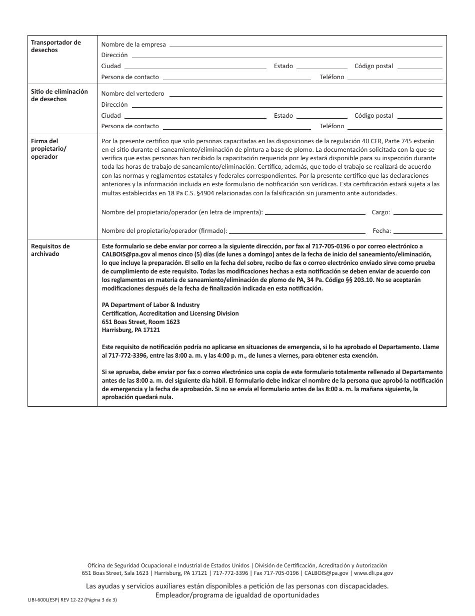 Formulario LIBI-600L(ESP) Formulario De Notificacion De Saneamiento / Eliminacion De Plomo - Pennsylvania (Spanish), Page 3