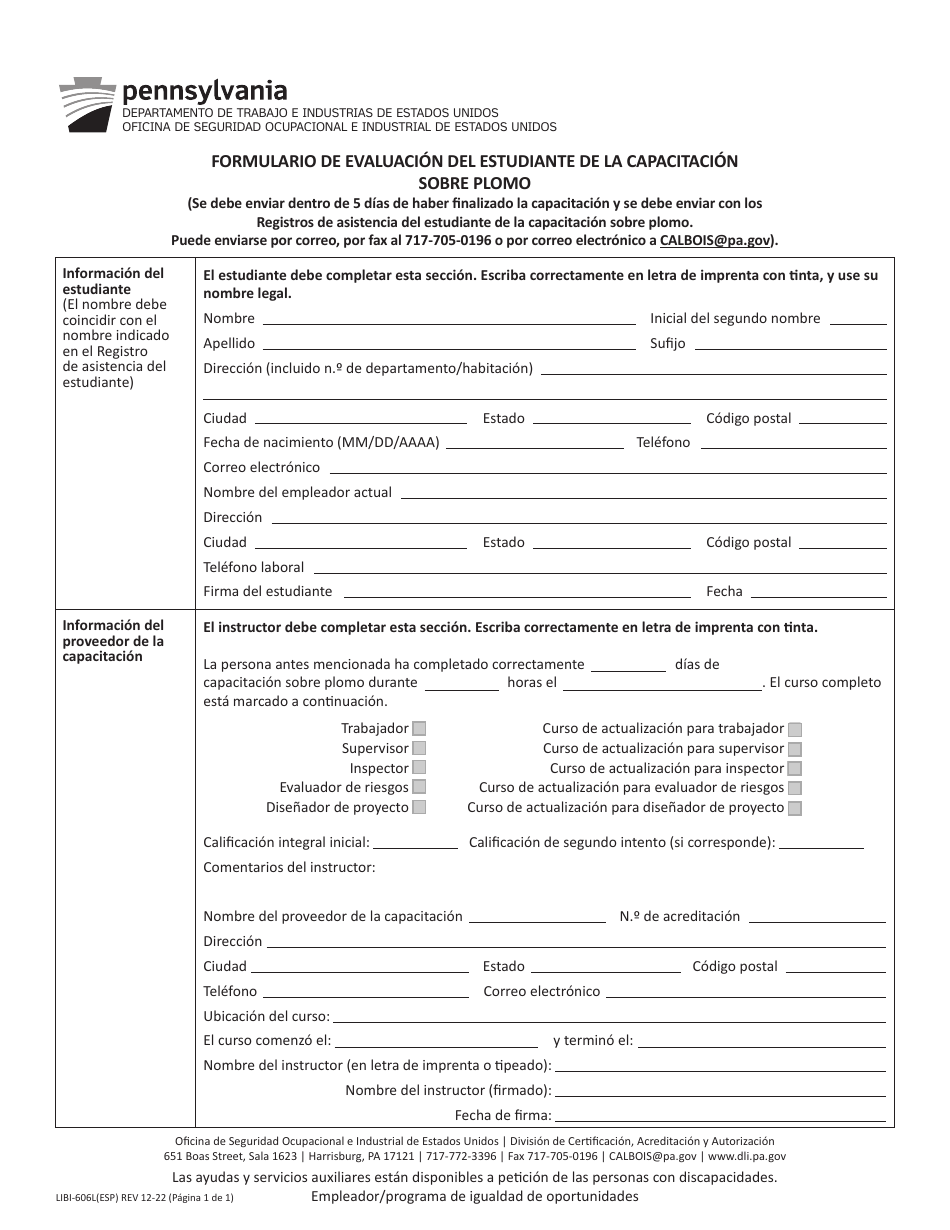Formulario LIBI-606L(ESP) Formulario De Evaluacion Del Estudiante De La Capacitacion Sobre Plomo - Pennsylvania (Spanish), Page 1