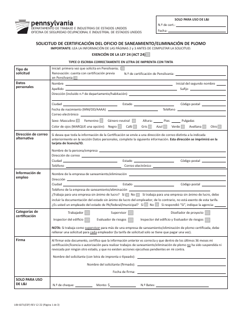 Formulario LIBI-607L(ESP) Solicitud De Certificacion Del Oficio De Saneamiento/Eliminacion De Plomo - Pennsylvania (Spanish)