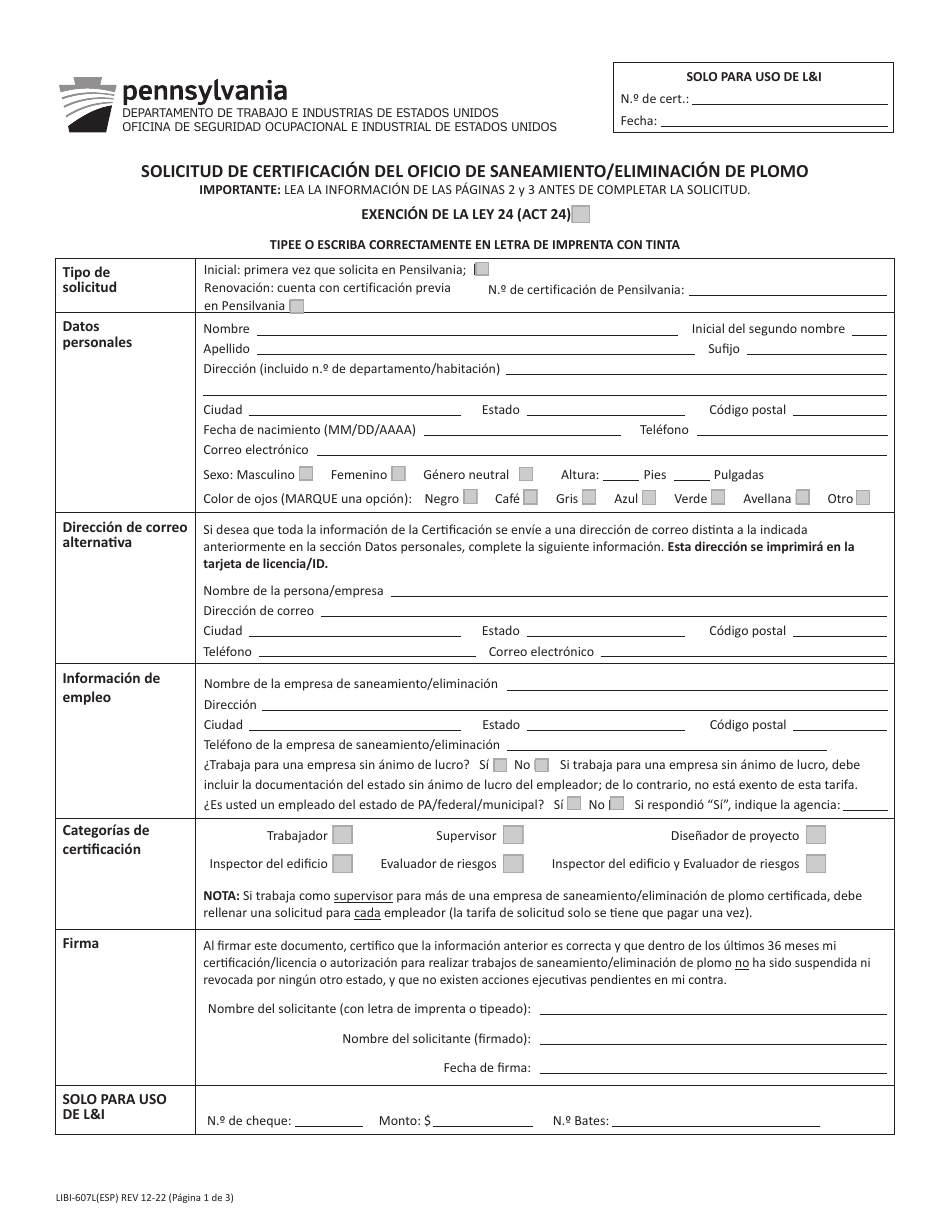 Formulario LIBI-607L(ESP) Solicitud De Certificacion Del Oficio De Saneamiento / Eliminacion De Plomo - Pennsylvania (Spanish), Page 1
