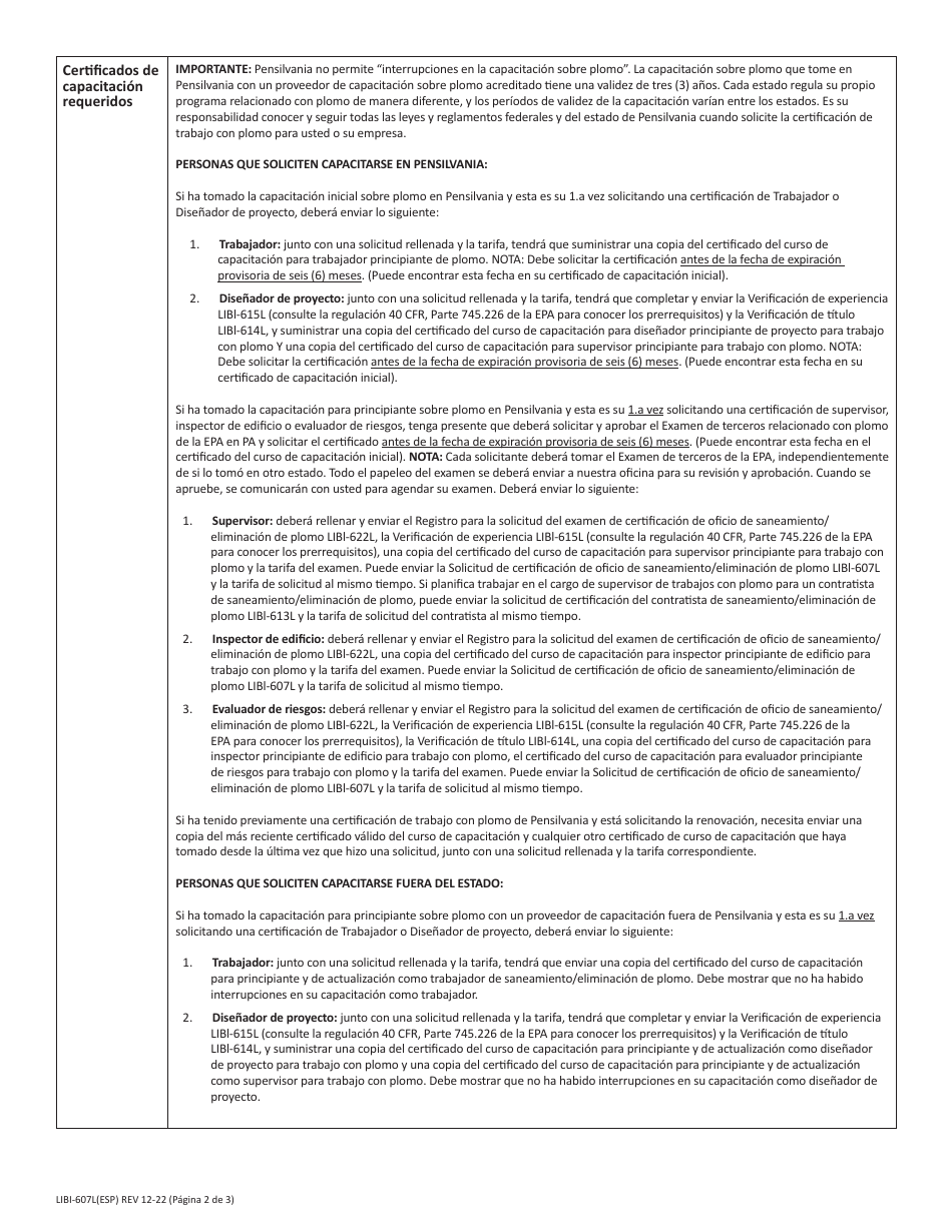 Formulario LIBI-607L(ESP) Solicitud De Certificacion Del Oficio De Saneamiento / Eliminacion De Plomo - Pennsylvania (Spanish), Page 2