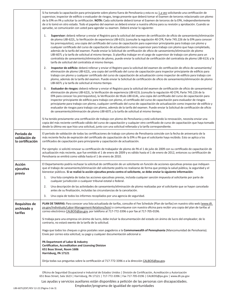 Formulario LIBI-607L(ESP) Solicitud De Certificacion Del Oficio De Saneamiento / Eliminacion De Plomo - Pennsylvania (Spanish), Page 3