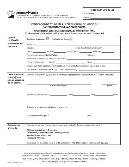 Formulario LIBI-614L Verificacion De Titulo Para La Certificacion Del Oficio De Saneamiento/Eliminacion De Plomo - Pennsylvania (Spanish)