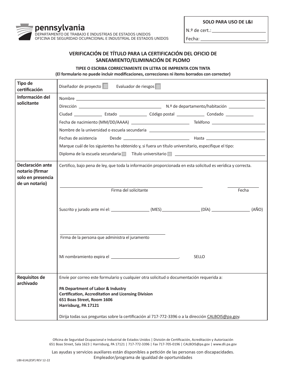 Formulario LIBI-614L Verificacion De Titulo Para La Certificacion Del Oficio De Saneamiento / Eliminacion De Plomo - Pennsylvania (Spanish), Page 1