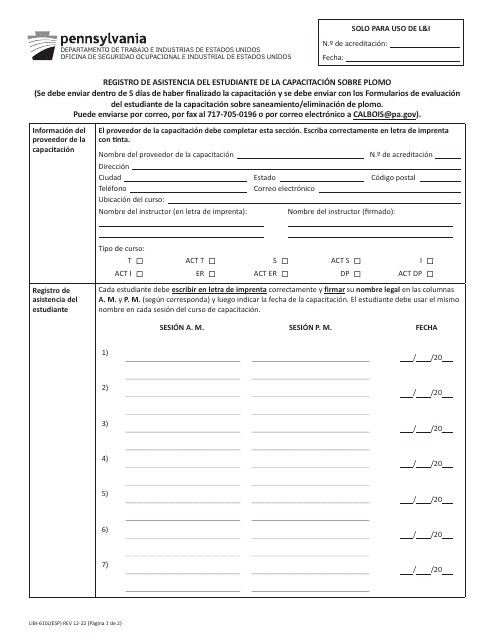 Formulario LIBI-610L(ESP) Registro De Asistencia Del Estudiante De La Capacitacion Sobre Plomo - Pennsylvania (Spanish)