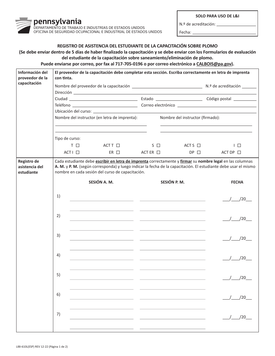 Formulario LIBI-610L(ESP) Registro De Asistencia Del Estudiante De La Capacitacion Sobre Plomo - Pennsylvania (Spanish), Page 1