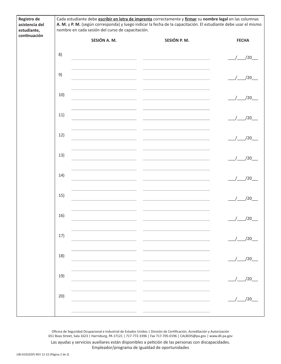 Formulario LIBI-610L(ESP) Registro De Asistencia Del Estudiante De La Capacitacion Sobre Plomo - Pennsylvania (Spanish), Page 2