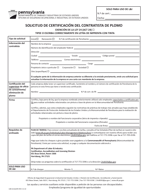 Formulario LIBI-613L(ESP) Solicitud De Certificacion Del Contratista De Plomo - Pennsylvania (Spanish)
