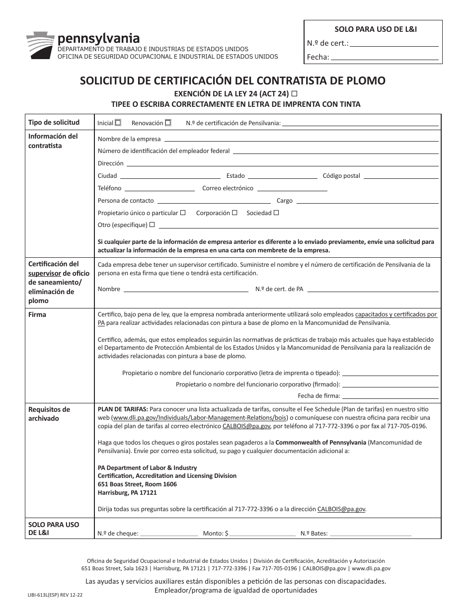 Formulario LIBI-613L(ESP) Solicitud De Certificacion Del Contratista De Plomo - Pennsylvania (Spanish), Page 1