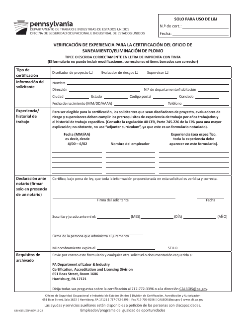 Formulario LIBI-615L(ESP) Verificacion De Experiencia Para La Certificacion Del Oficio De Saneamiento/Eliminacion De Plomo - Pennsylvania (Spanish)