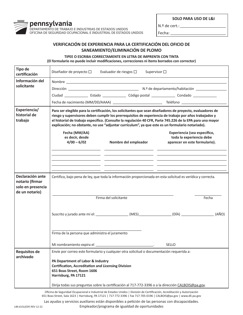Formulario LIBI-615L(ESP) Verificacion De Experiencia Para La Certificacion Del Oficio De Saneamiento / Eliminacion De Plomo - Pennsylvania (Spanish), Page 1