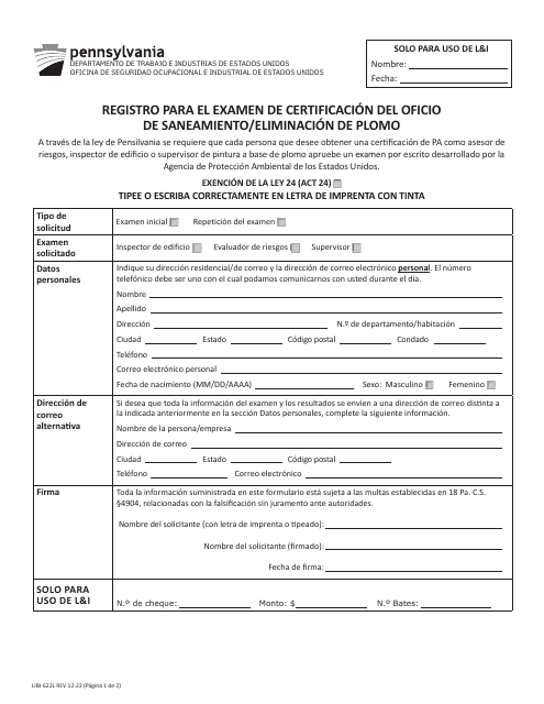 Formulario LIBI-622L(ESP) Registro Para El Examen De Certificacion Del Oficio De Saneamiento/Eliminacion De Plomo - Pennsylvania (Spanish)