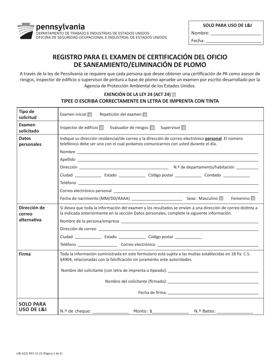 Formulario LIBI-622L(ESP) Registro Para El Examen De Certificacion Del Oficio De Saneamiento / Eliminacion De Plomo - Pennsylvania (Spanish), Page 1