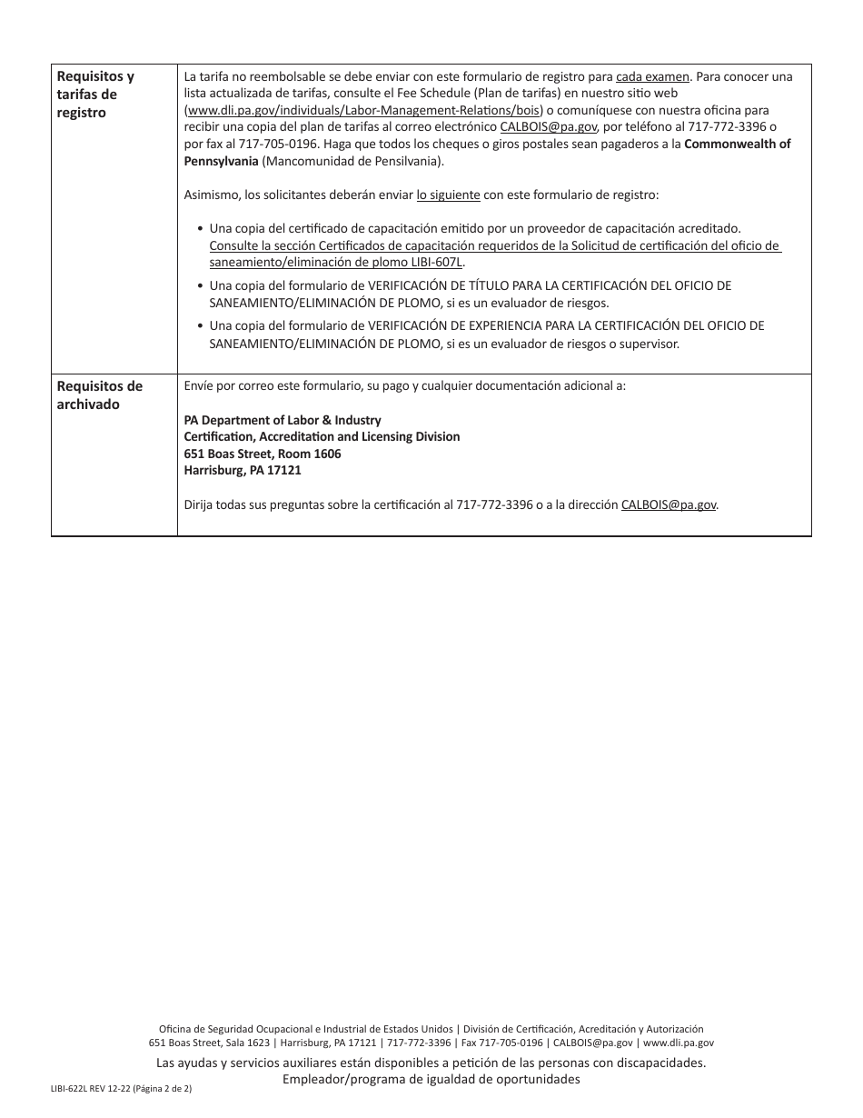 Formulario LIBI-622L(ESP) Registro Para El Examen De Certificacion Del Oficio De Saneamiento / Eliminacion De Plomo - Pennsylvania (Spanish), Page 2