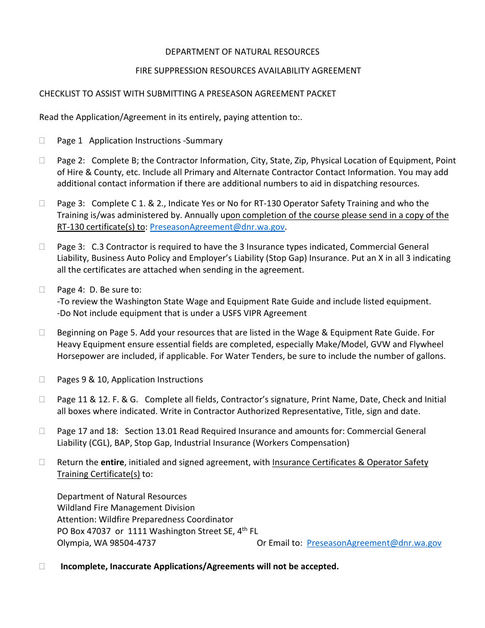 Fire Suppression Resources Availability Agreement Checklist - Washington, Page 1