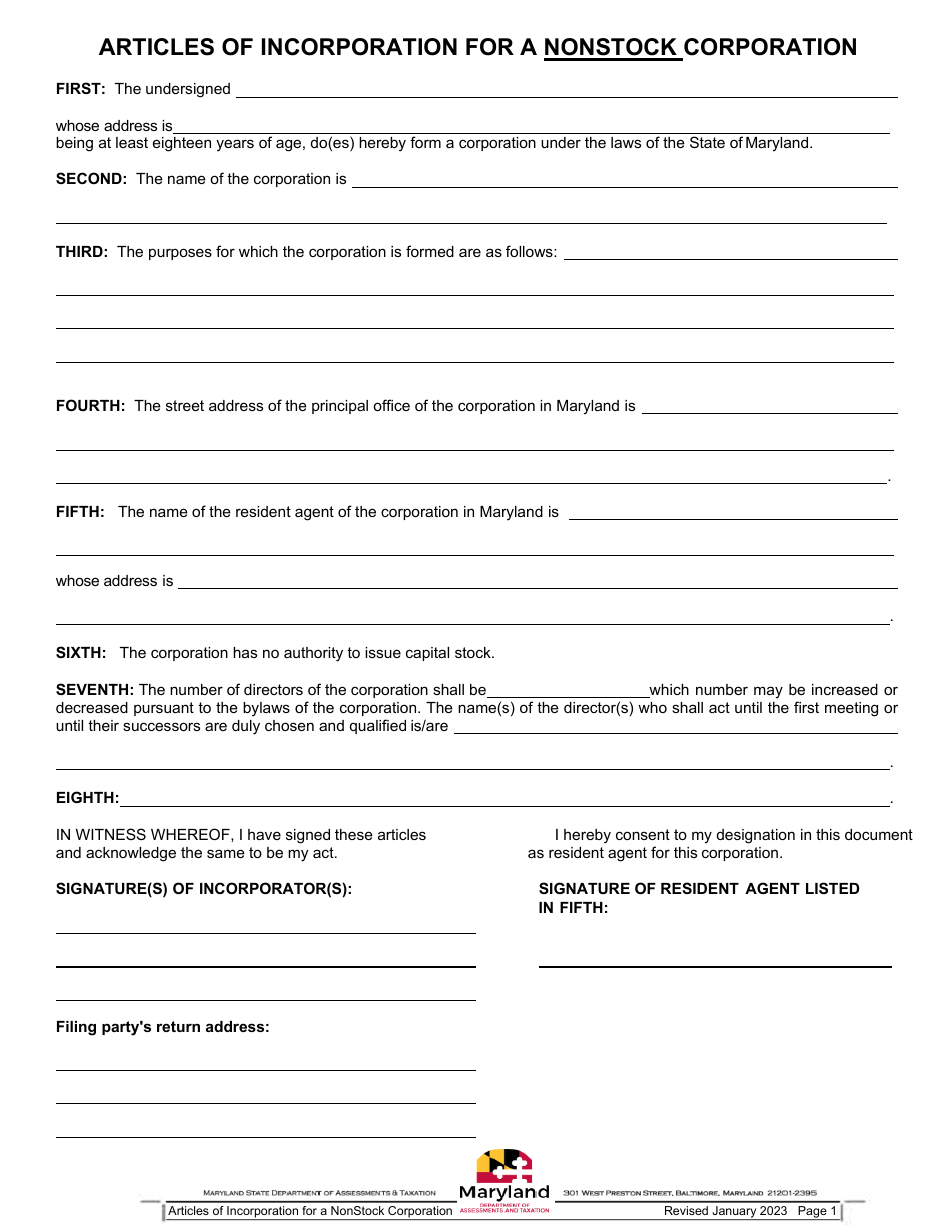 Maryland Articles of Incorporation for a Nonstock Corporation Download