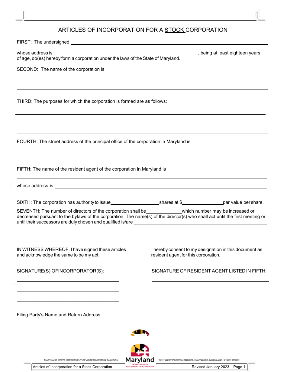 Maryland Articles of Incorporation for a Stock Corporation Download