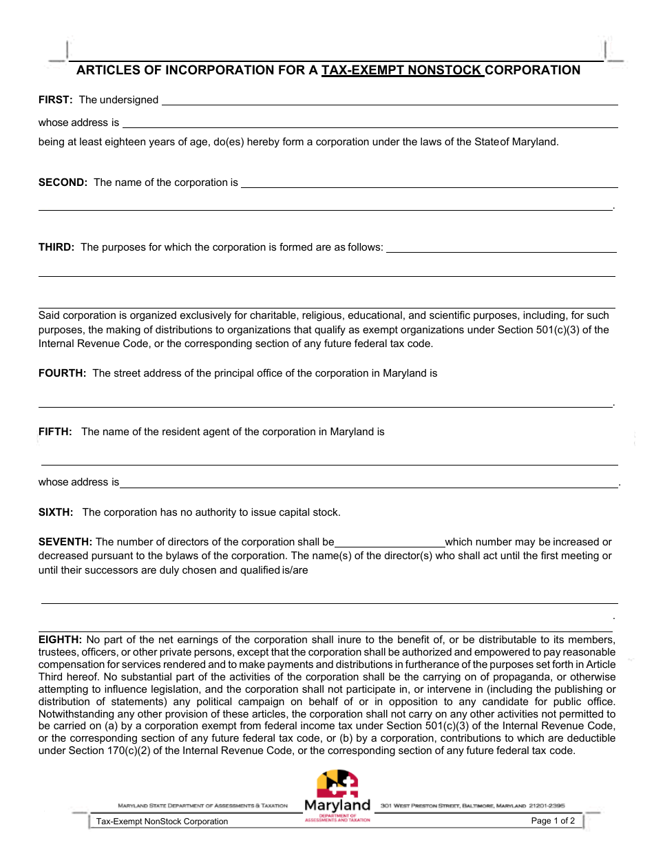 Articles of Incorporation for a Tax-Exempt Nonstock Corporation - Maryland, Page 1
