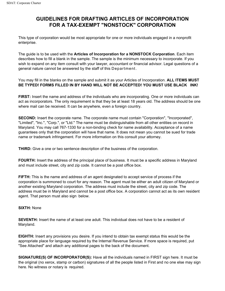 Articles of Incorporation for a Tax-Exempt Nonstock Corporation - Maryland, Page 3