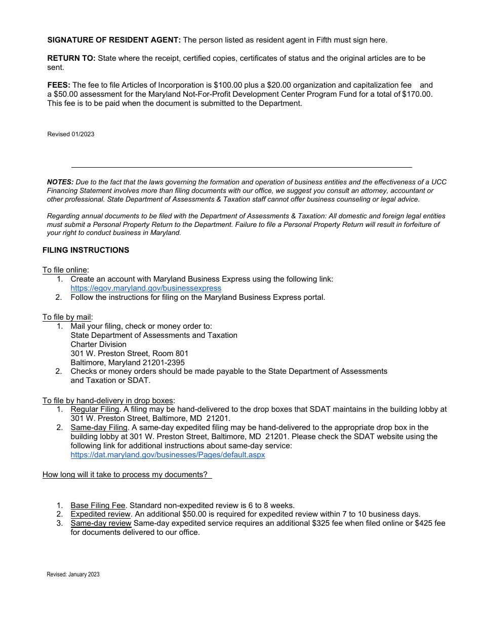 Articles of Incorporation for a Tax-Exempt Nonstock Corporation - Maryland, Page 4