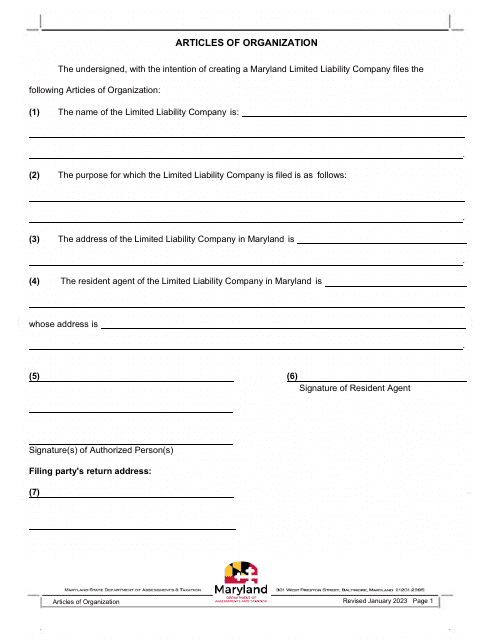 Articles of Organization - Limited Liability Company - Maryland Download Pdf