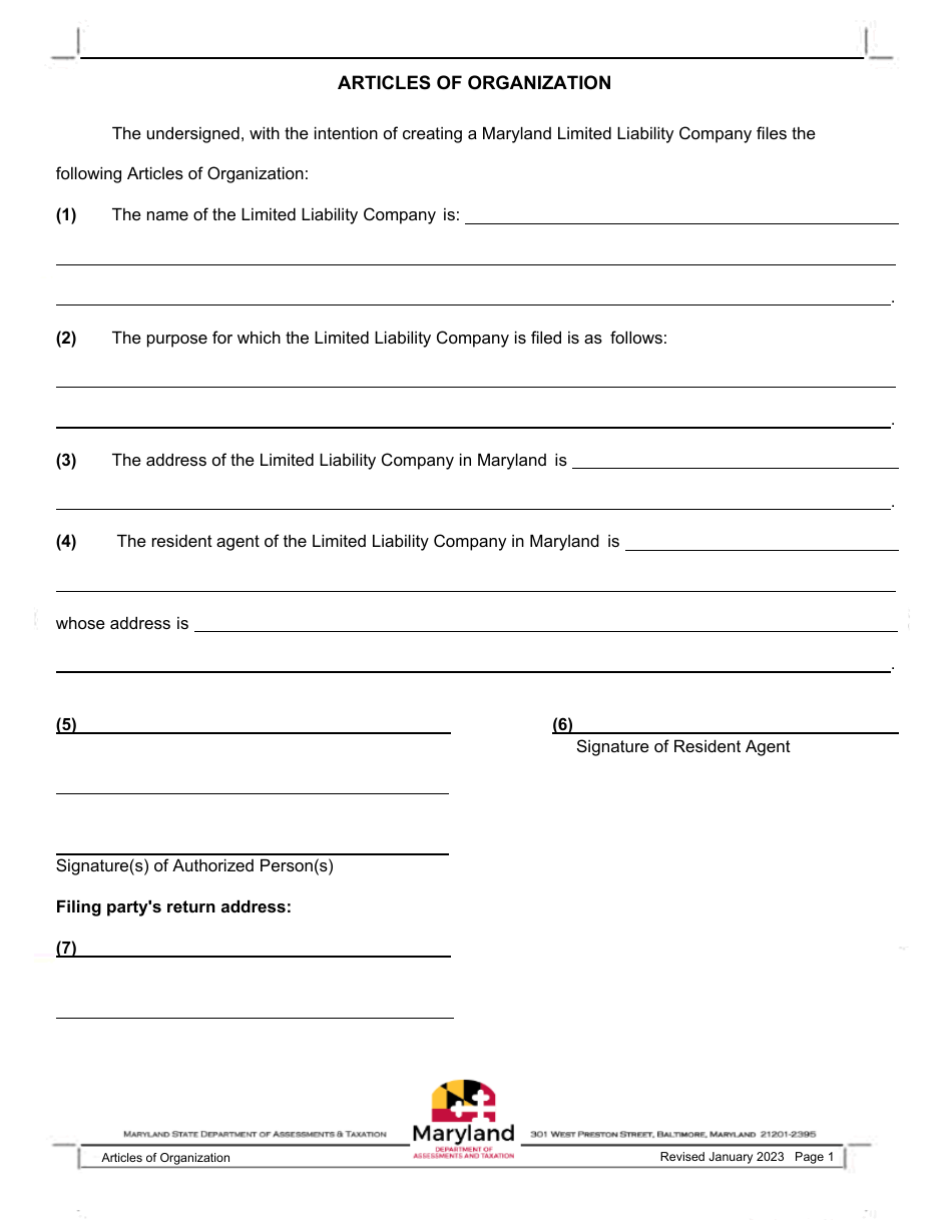 Articles of Organization - Limited Liability Company - Maryland, Page 1