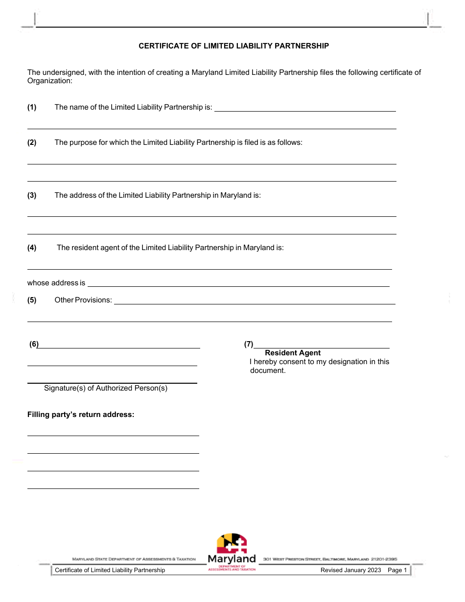 Certificate of Limited Liability Partnership - Maryland, Page 1