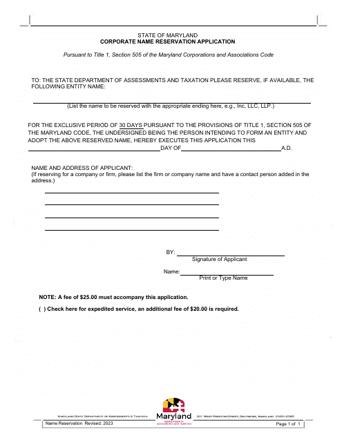 Corporate Name Reservation Application - Maryland Download Pdf