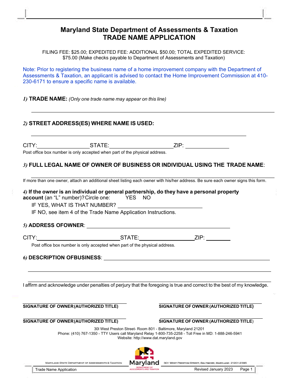 Trade Name Application - Maryland, Page 1