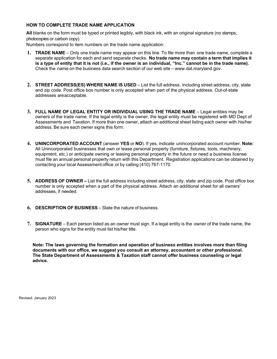 Trade Name Application - Maryland, Page 3