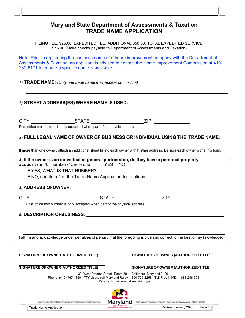Maryland Trade Name Application Download Fillable PDF 2021 — 2024