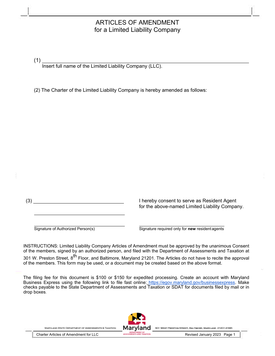 Articles of Amendment for a Limited Liability Company - Maryland, Page 1