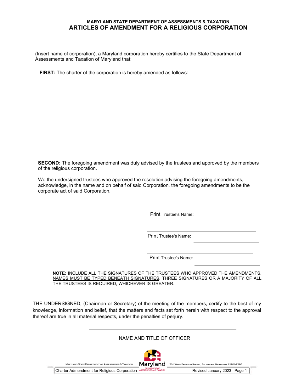 Articles of Amendment for a Religious Corporation - Maryland, Page 1