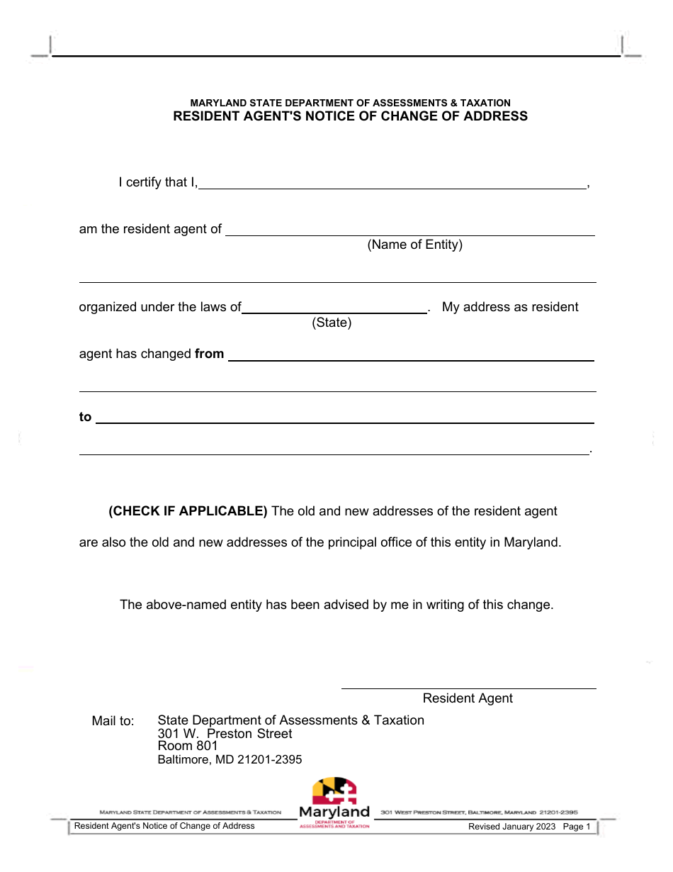 Resident Agents Notice of Change of Address - Maryland, Page 1