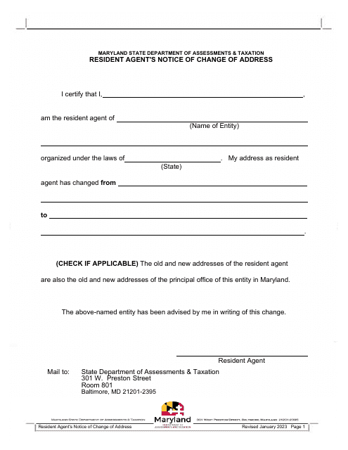 Resident Agent's Notice of Change of Address - Maryland Download Pdf