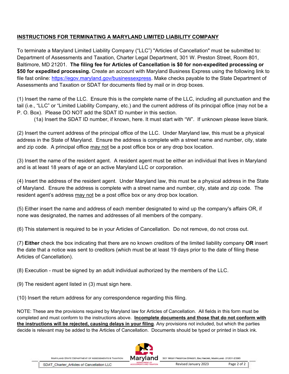 Articles of Cancellation - Maryland Limited Liability Company - Maryland, Page 2