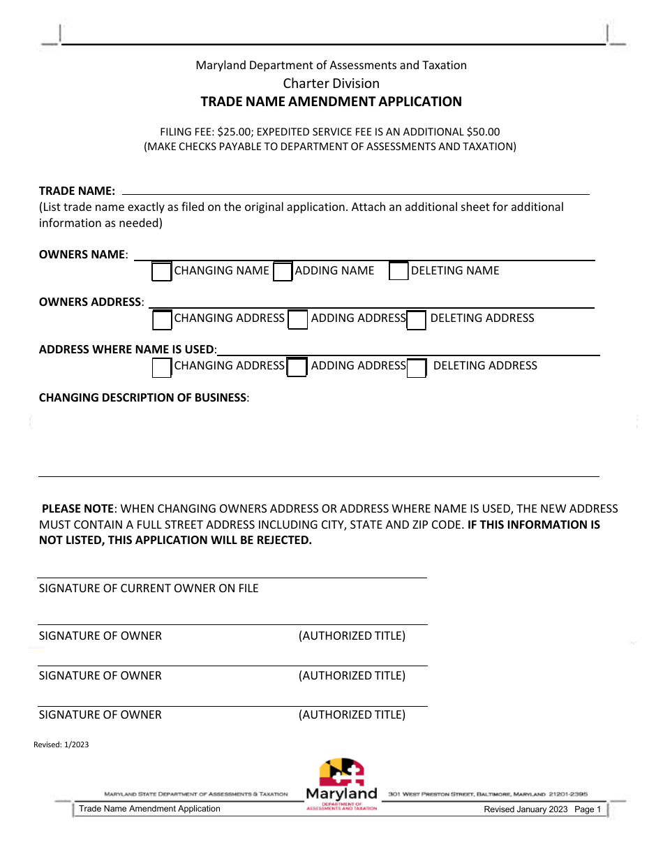 Maryland Trade Name Amendment Application Download Fillable PDF 2022