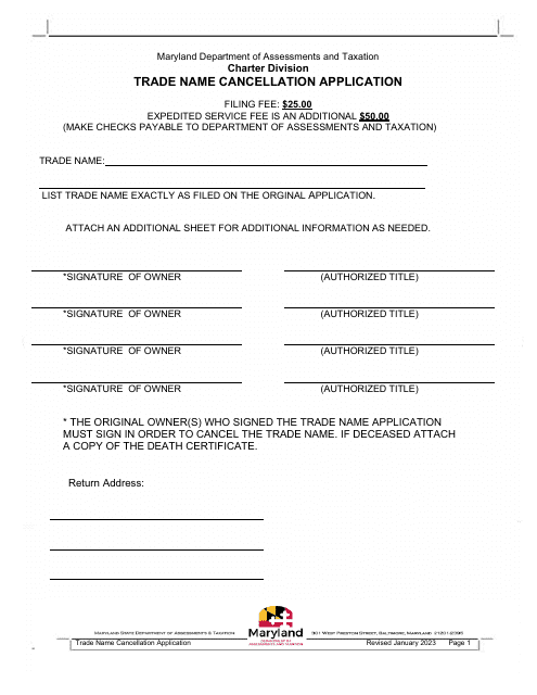 Trade Name Cancellation Application - Maryland Download Pdf